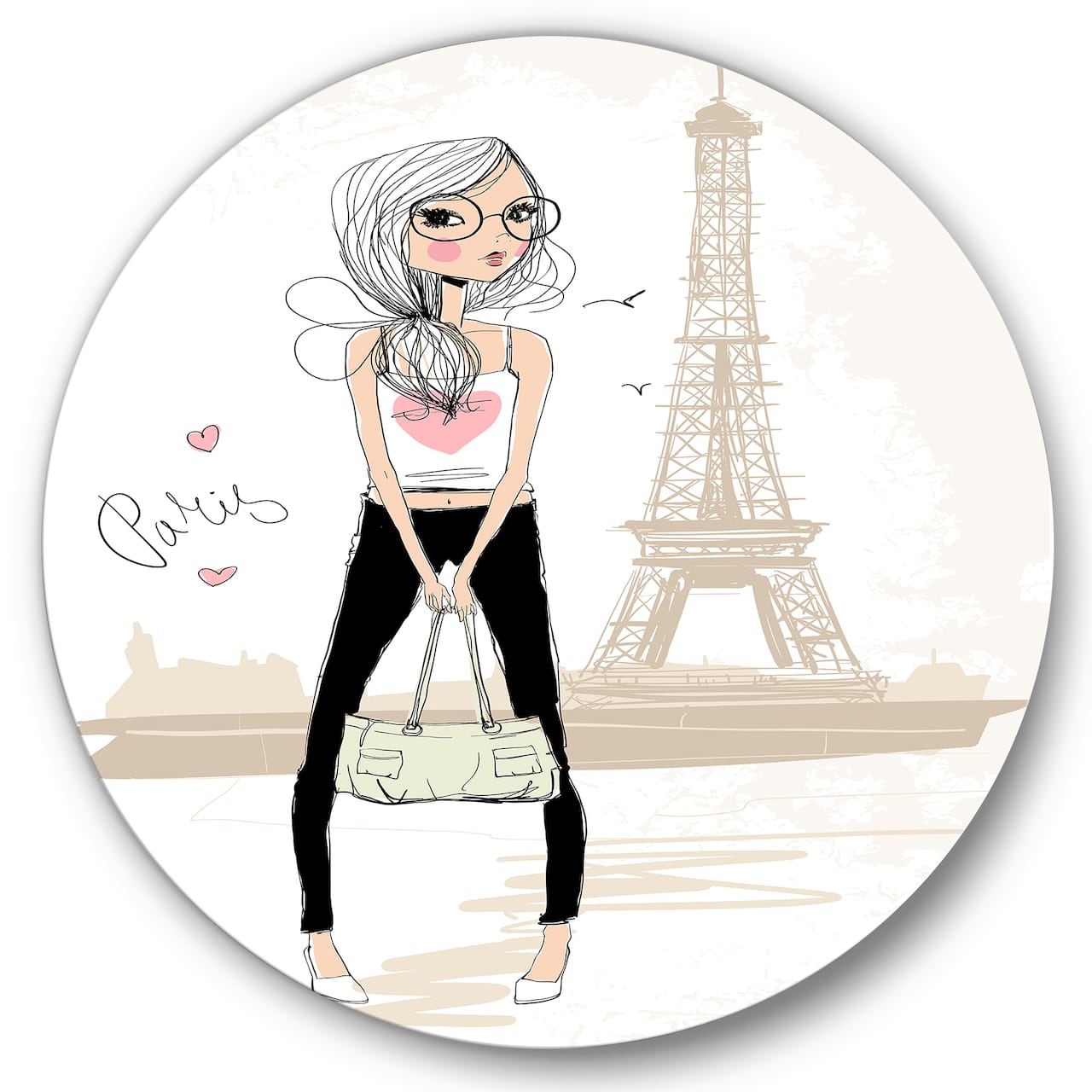 Designart - Cute Girl By The Tour Eiffel In Paris - Children's Art Metal Circle Wall Art